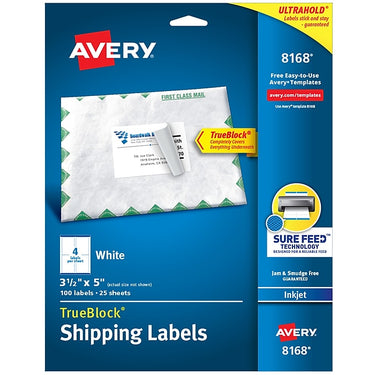 Avery TrueBlock Inkjet Shipping Labels, Sure Feed Technology, 3 1/2